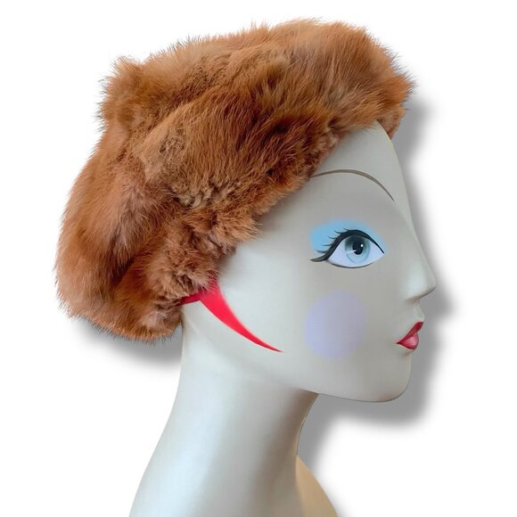 Vintage 1960s Womens Red-Brown Mink Fur Beret Pom Pom Hat Boho Mod Winter Toque - Picture 3 of 13